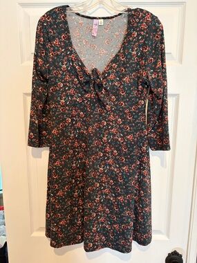 Alya Teal Floral V-Neck Long Sleeve Dress with Tie